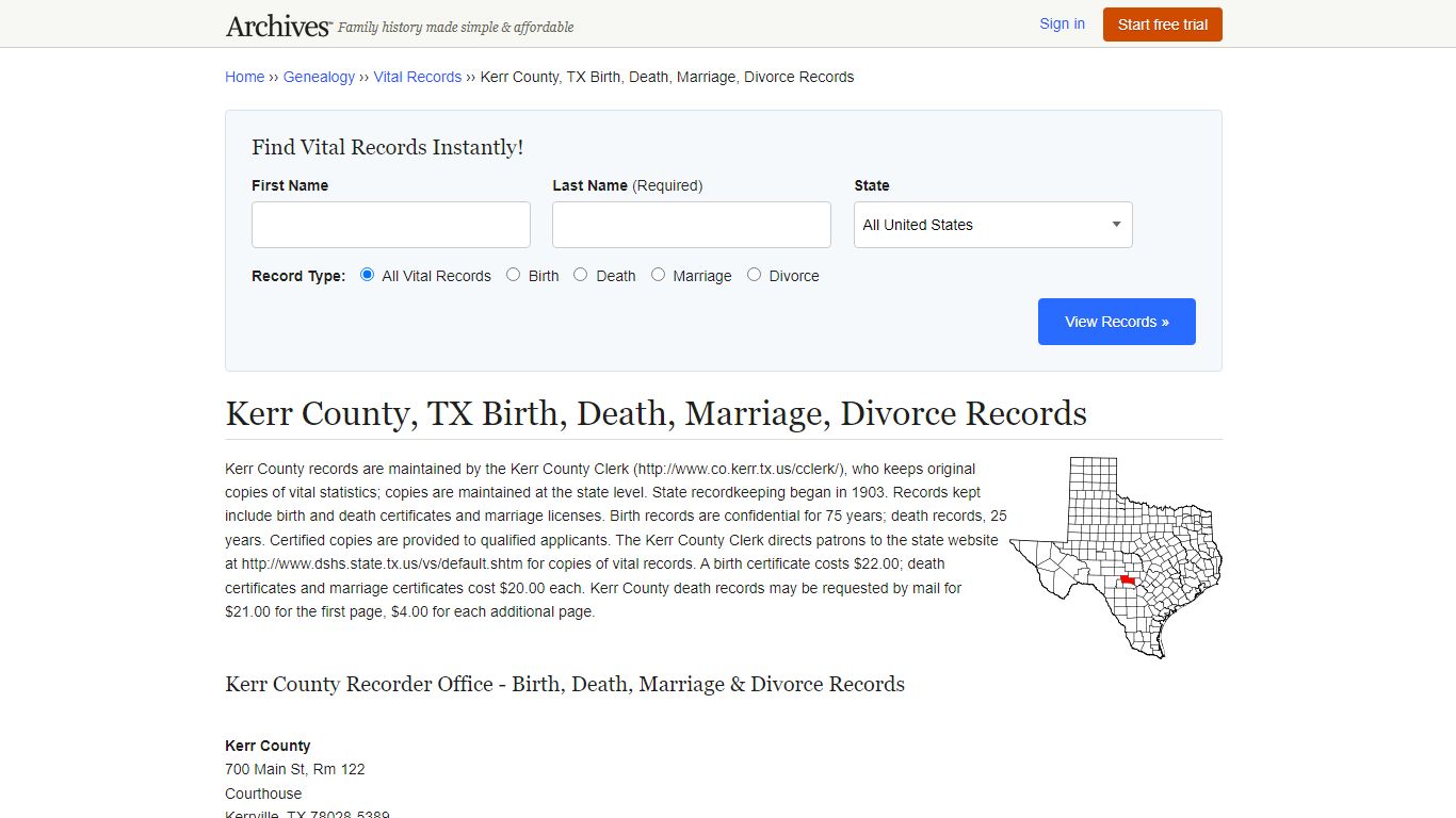 Kerr County, TX Birth, Death, Marriage, Divorce Records
