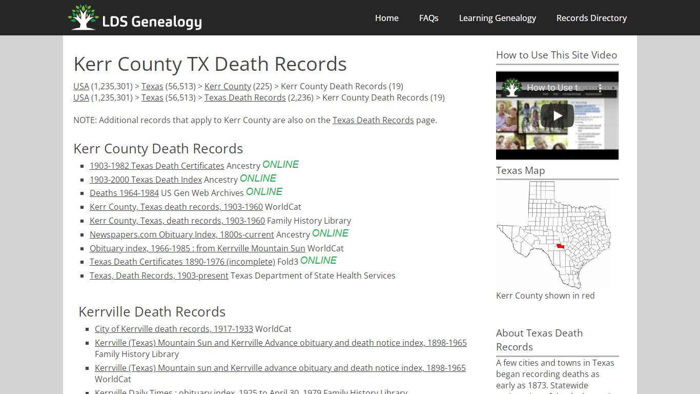 Kerr County TX Death Records - LDS Genealogy